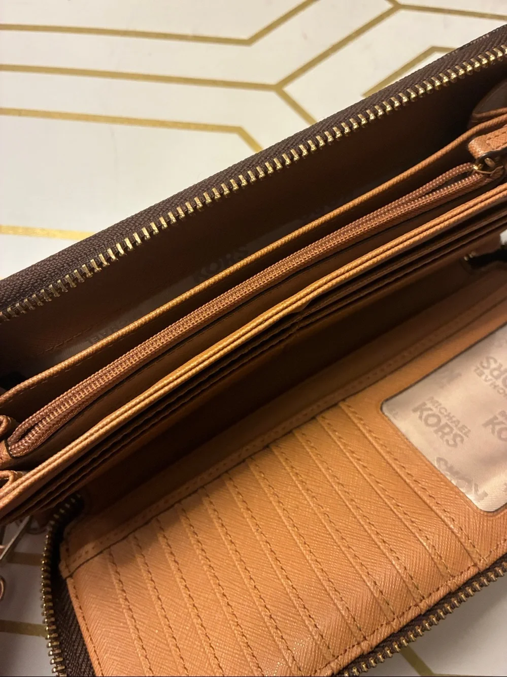 NWOT Michael Kors Dark Brown Logo Zip-Around Wristlet Wallet with Gold Hardware